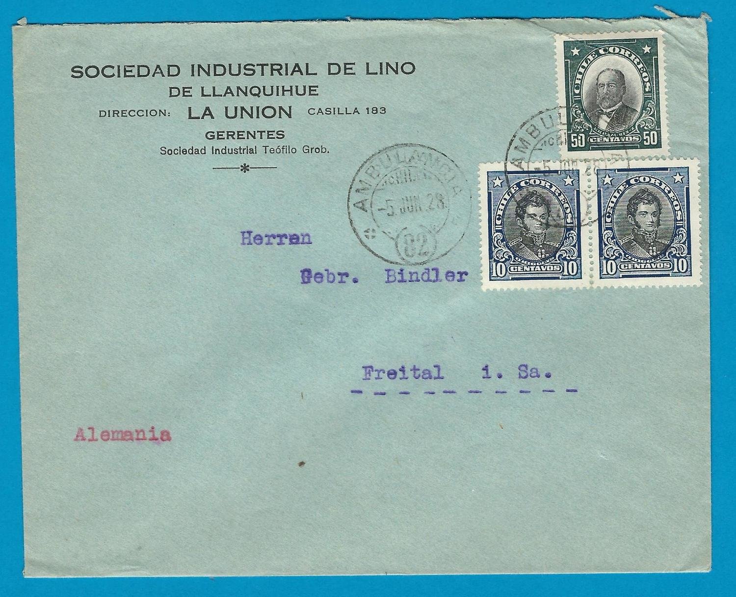 CHILE cover 1928 La Union with Ambulancia 82 to Germany
