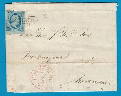 NEDERLAND brief 1864 Purmerend naar Amsterdam