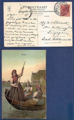 NEDERLAND prentbriefkaart Marken 1911 Amsterdam - Singapore
