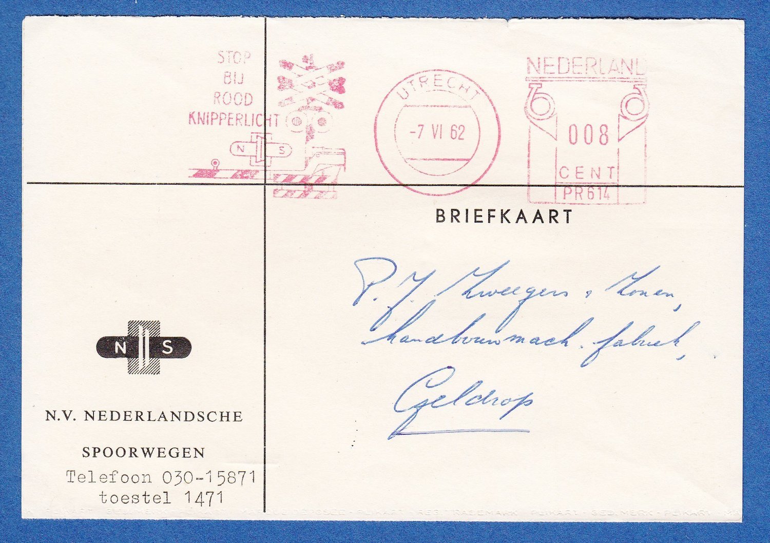 NEDERLAND NS kaart 1962 Utrecht met roodfrankering spoorbomen