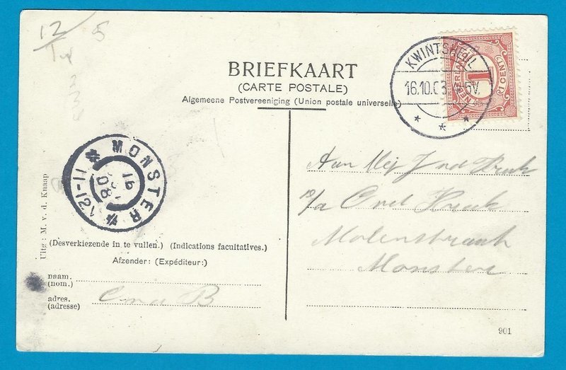 NEDERLAND prentbriefkaart 1908 Kwintsheul naar Monster