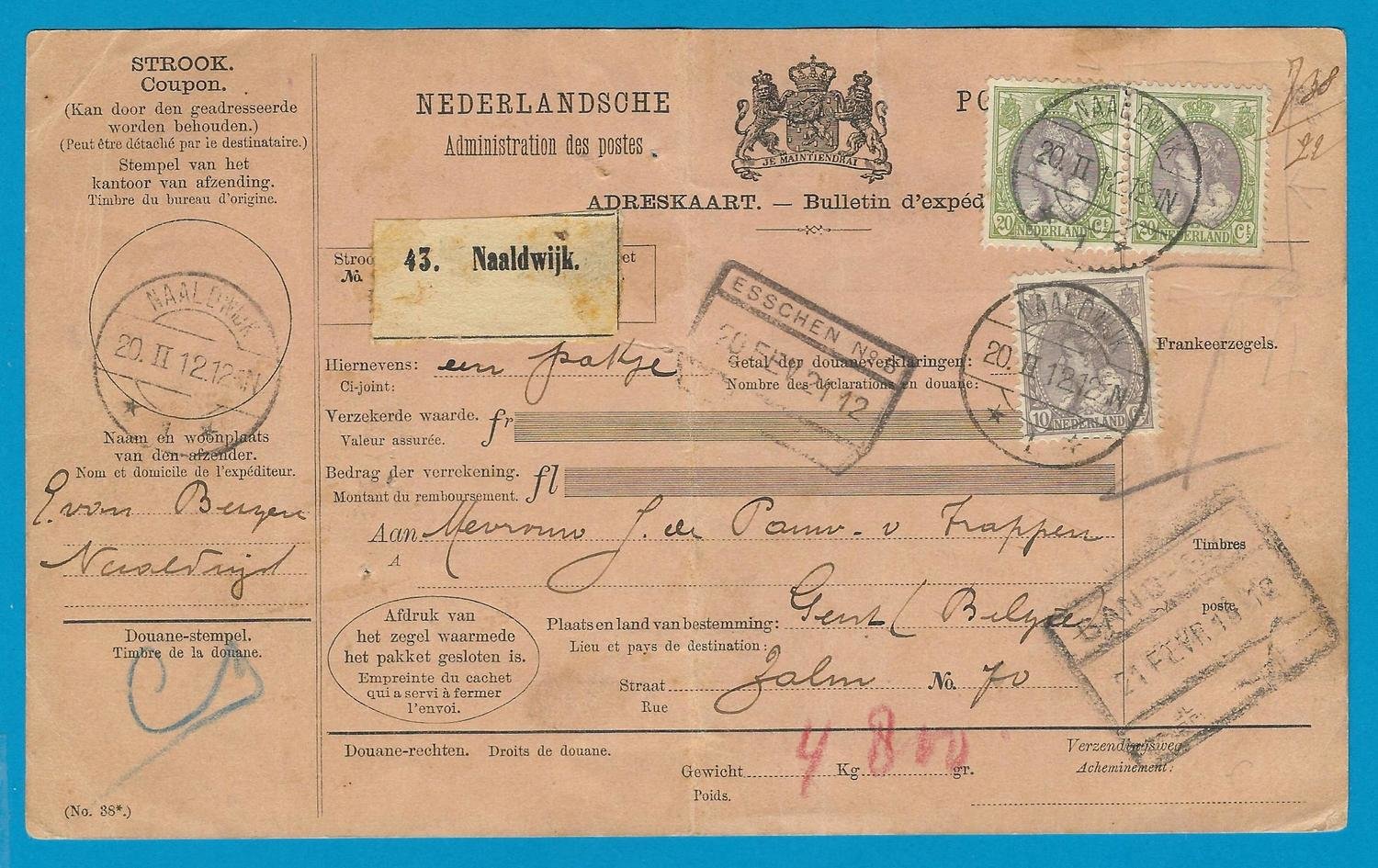 NEDERLAND pakketkaart 1912 Naaldwijk