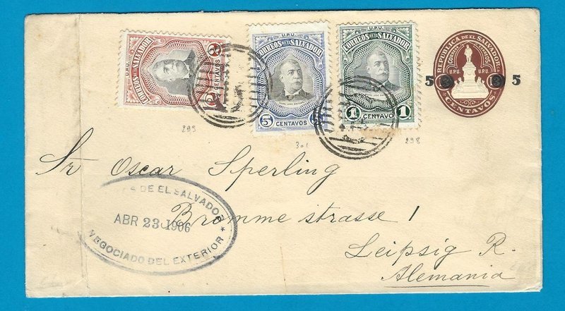 EL SALVADOR uprated envelope 1906 San Salvador to Leipzig
