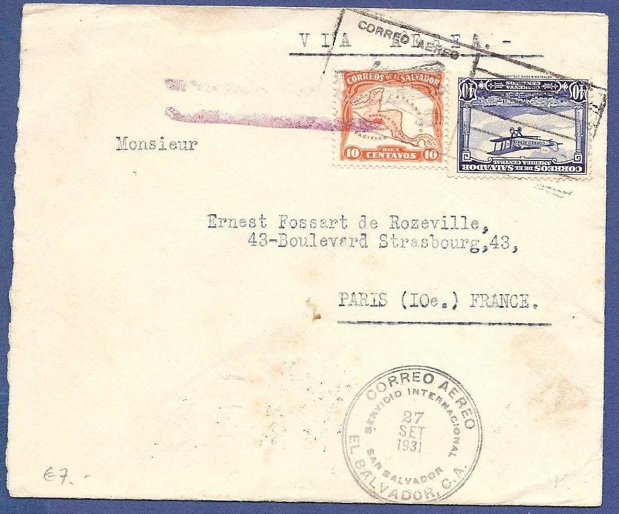 EL SALVADOR airmail cover 1935 San Salvador to France