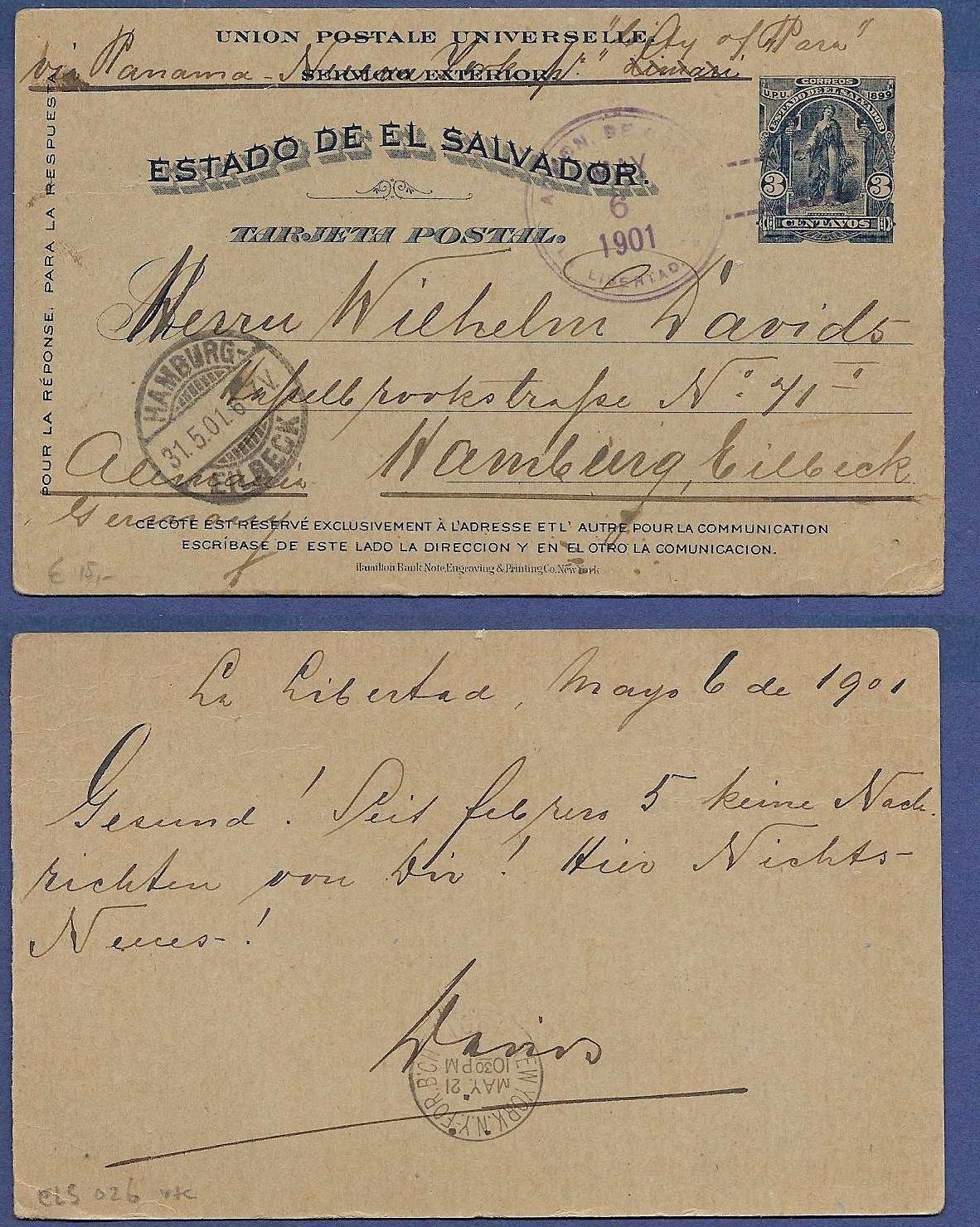 EL SALVAOR postal card 1901 La Libertad to Germany