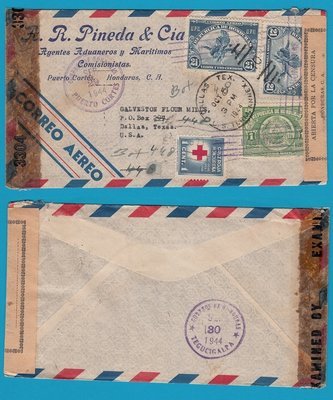 HONDURAS double censored air cover 1944 Puerto Cortes to USA