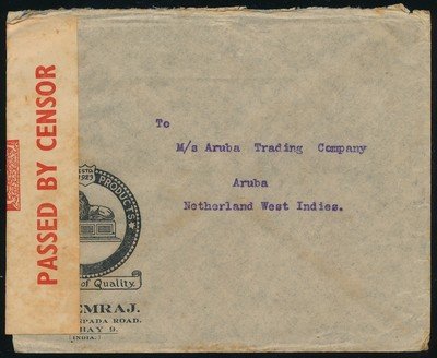 INDIA censored air cover 1940 Bombay to Aruba