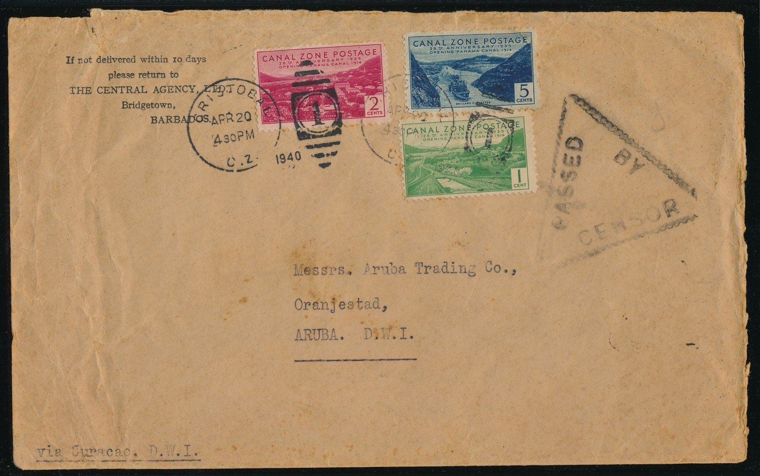 CANAL ZONE censored cover 1940 to Aruba