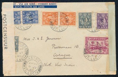 ST LUCIA air censored cover 1940 to Curaçao