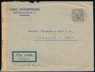 SWEDEN censored airmail cover 1945 to Curaçao