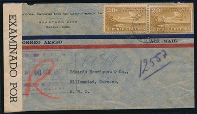 CUBA censored R air cover 1945 to Curaçao