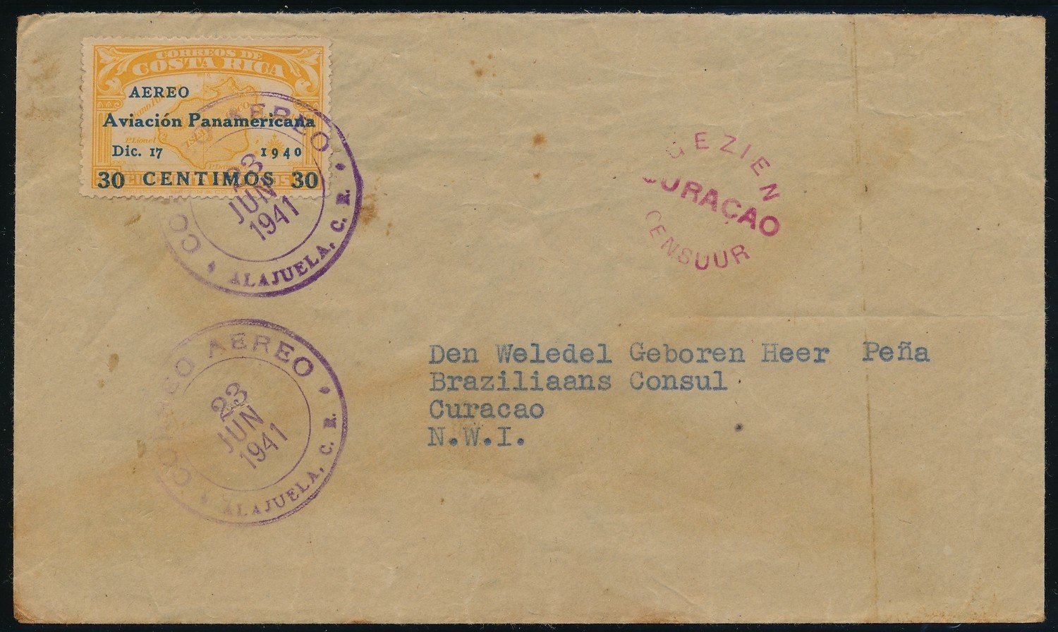 COSTA RICA censored air cover 1941 Alajuela to Curaçao