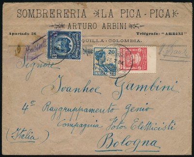 CURAÇAO cover 1924 from Colombia uprated to Italy