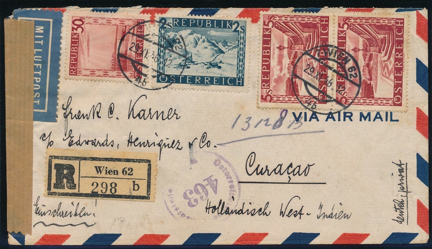 AUSTRIA R air censor cover 1946 to Curaçao