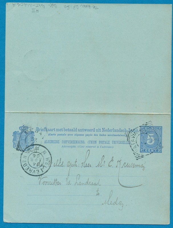 NETHERLANDS EAST INDIES postal card with reply 1906 traincancel