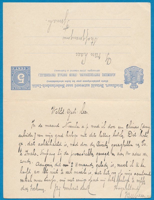 NETHERLANDS EAST INDIES postal card with reply 1906 traincancel