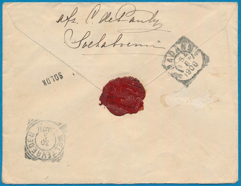 NETHERLANDS EAST INDIES R envelope 1908 Soekaboemi to Solok