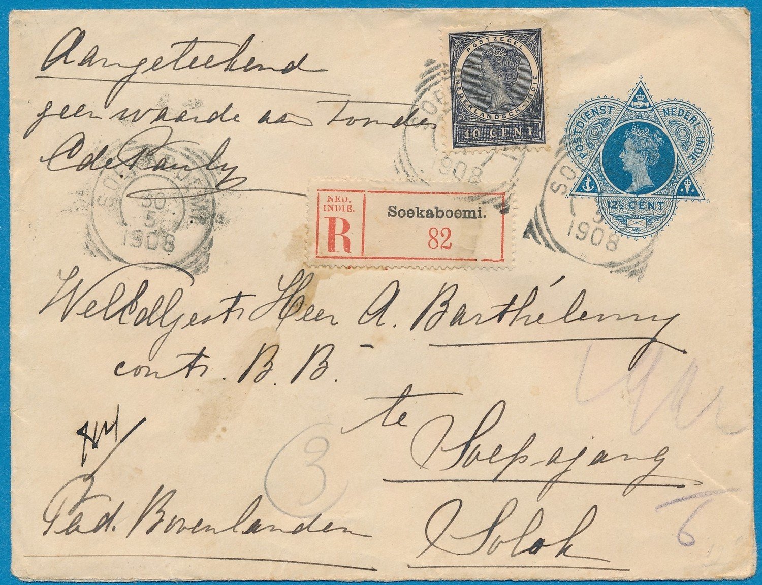 NETHERLANDS EAST INDIES R envelope 1908 Soekaboemi to Solok