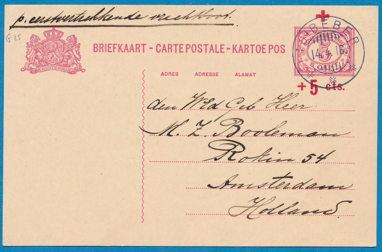 NETHERLANDS EAST INDIES card 1916 Tjibeber to Netherlands