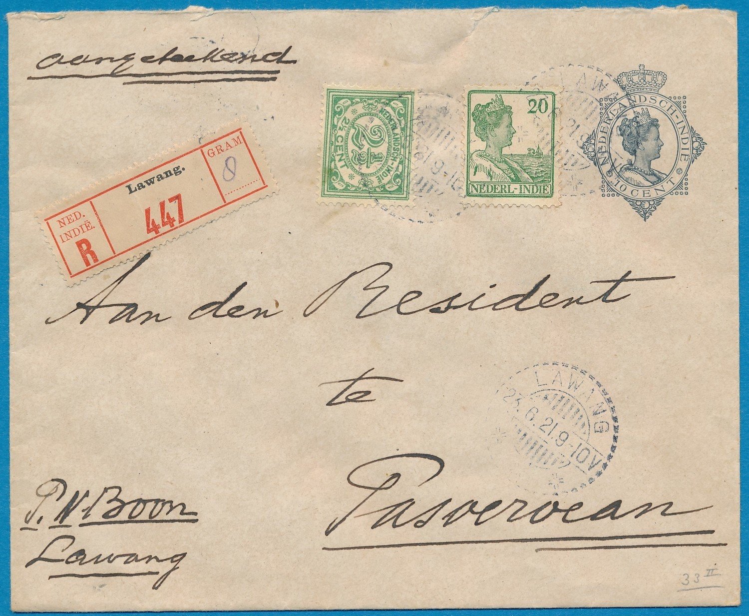 NETHERLANDS EAST INDIES R envelope 1921 Lawang