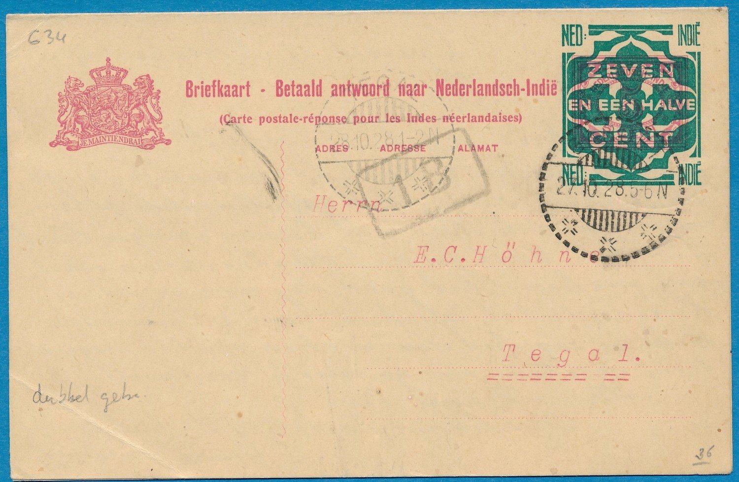NETHERLANDS EAST INDIES card with reply 1928 Garoet