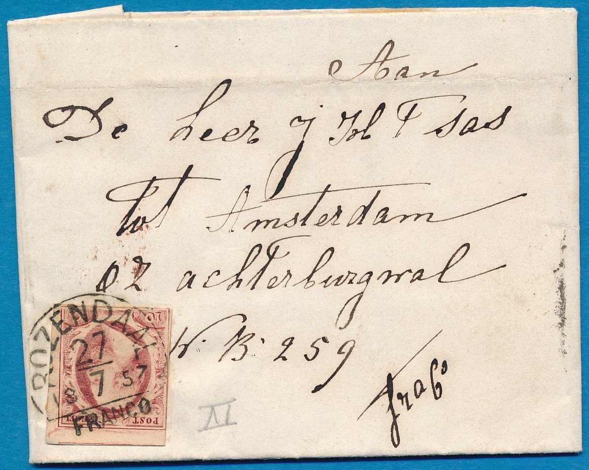 NEDERLAND brief 1857 Rozendaal naar Amsterdam