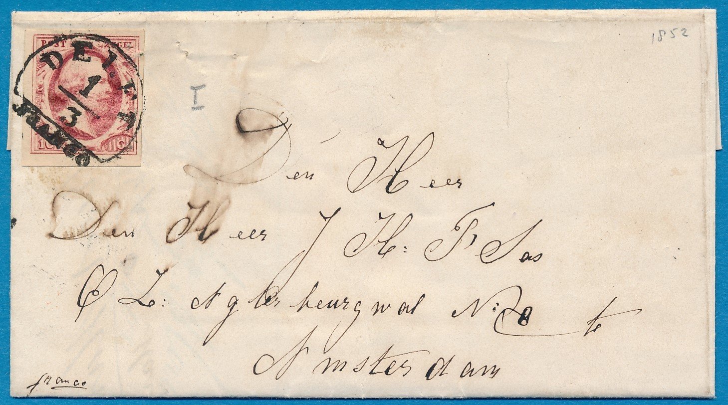 NEDERLAND brief 1852 Delft naar Amsterdam