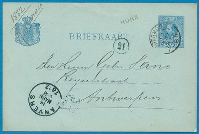 NEDERLAND briefkaart 1882 Horn naar Antwerpen