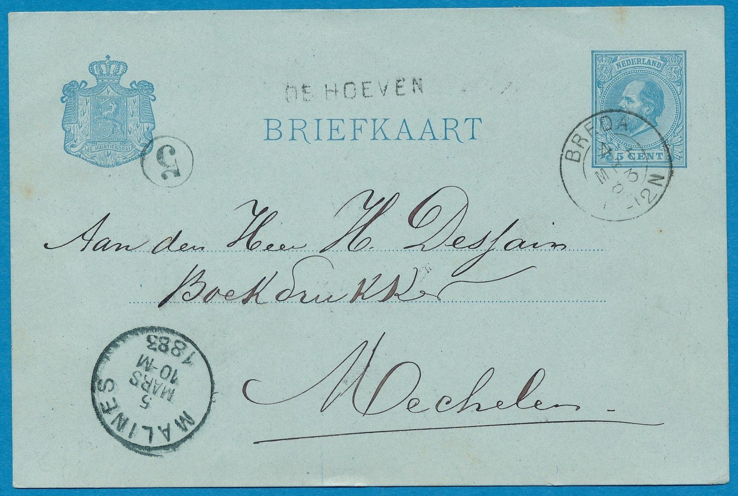 NEDERLAND briefkaart 1883 de Hoeven naar België
