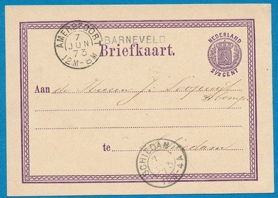 NEDERLAND briefkaart 1873 Barneveld naar Schiedam
