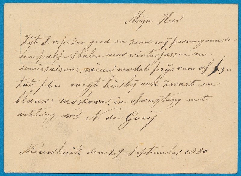 NEDERLAND briefkaart 1880 Nieuwkuik naar België