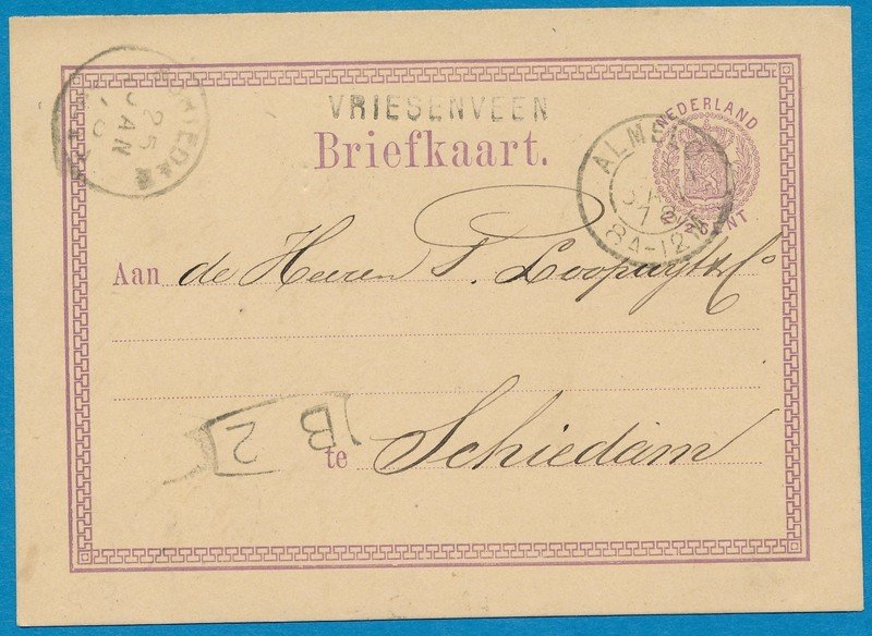 NEDERLAND briefkaart 1878 Vriesenveen naar Schiedam