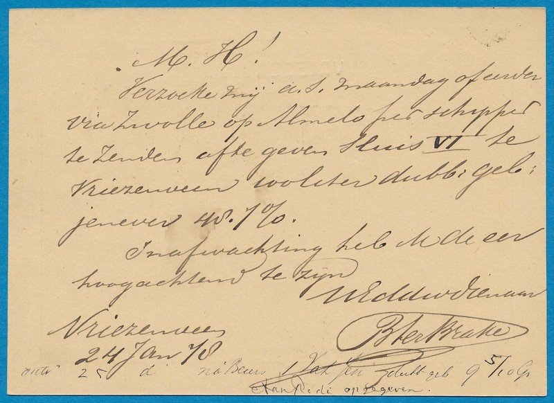 NEDERLAND briefkaart 1878 Vriesenveen naar Schiedam