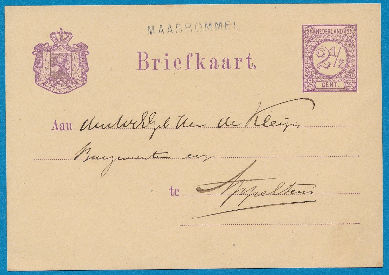 NEDERLAND briefkaart 1878 Maasbommel naar Appeltern