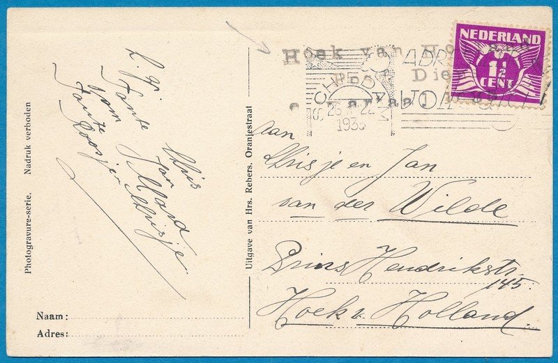 NEDERLAND kaart 1935 Schiedam &quot;Hoek van Holland Post Dienst...