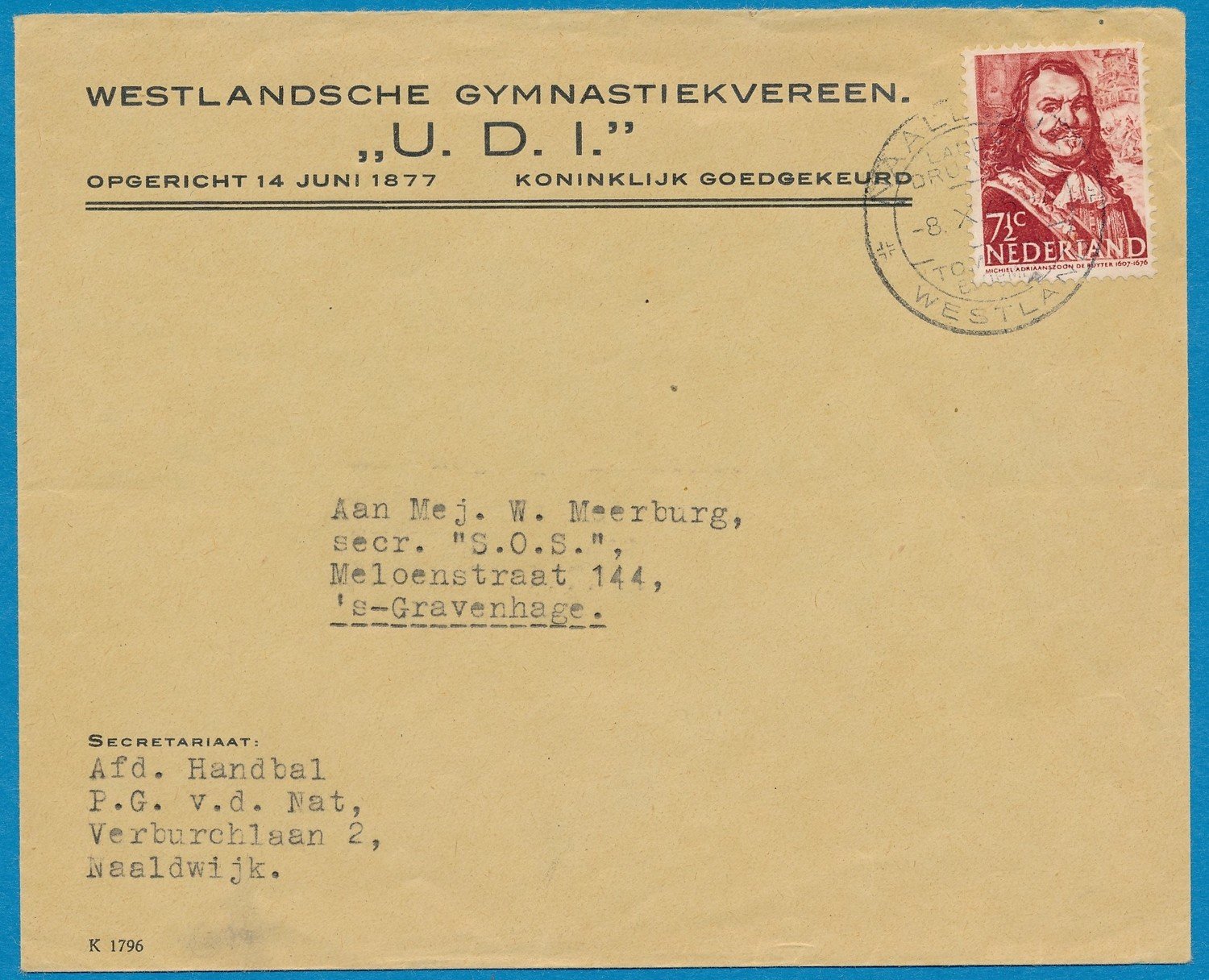 NEDERLAND brief 1945 Naaldwijk Gymnastiek vereniging