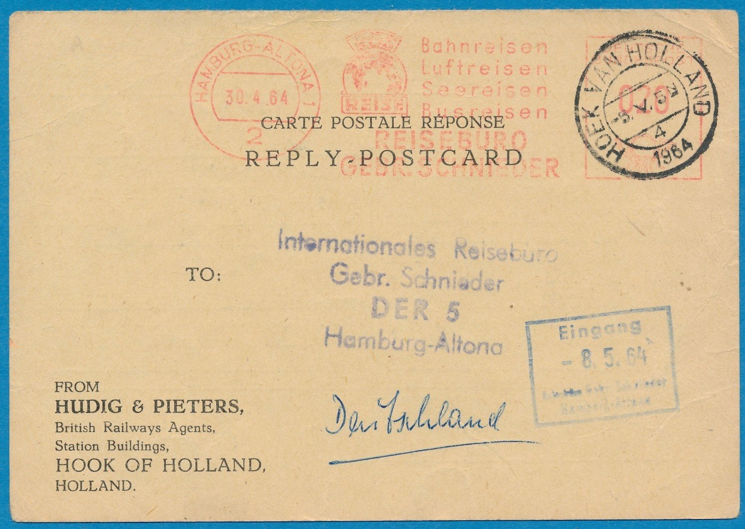DUITSLAND retour briefkaart 1964 Hamburg naar Hoek van Holland
