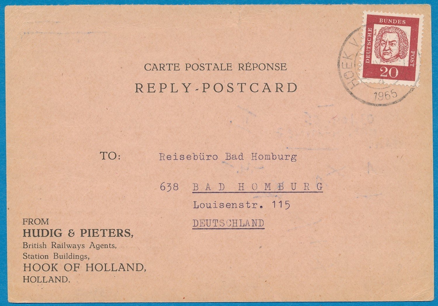 NEDERLAND antwoordkaart 1965 Hoek van Holland naar Duitsland