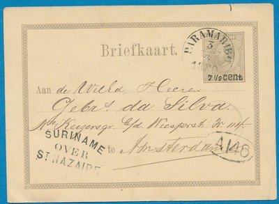 SURINAME briefkaart 1880 Paramaribo naar Amsterdam