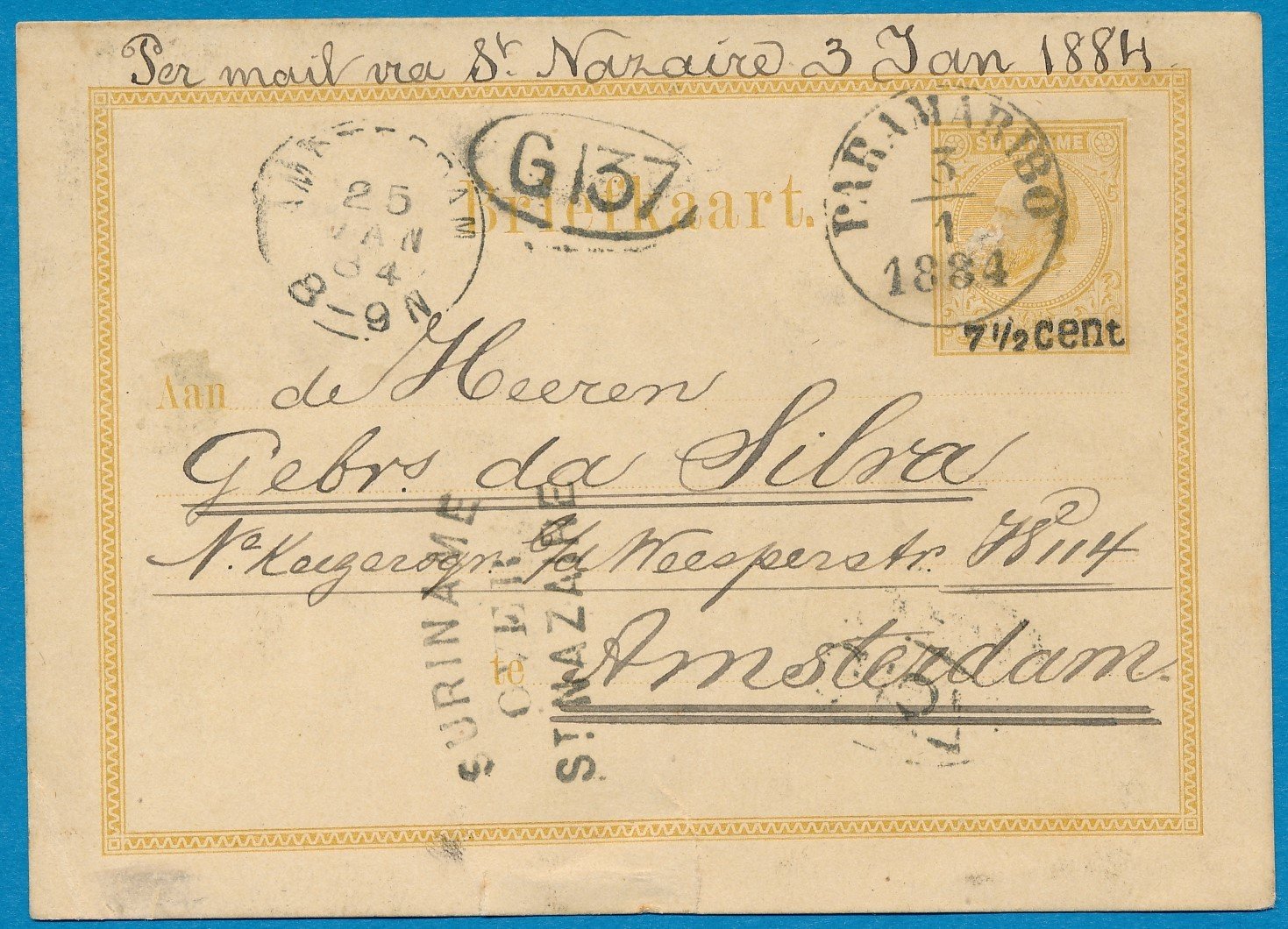 SURINAME briefkaart 1884 Paramaribo naar Amsterdam