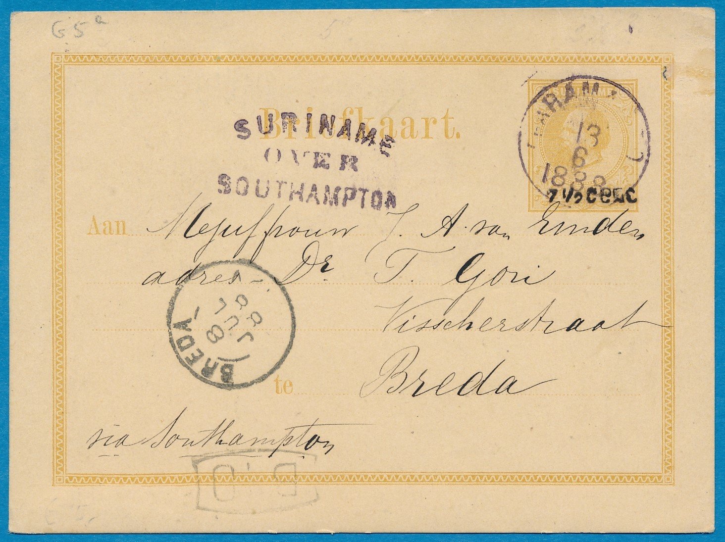 SURINAME briefkaart 1888 Paramaribo naar Breda