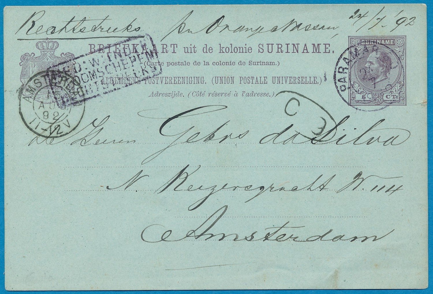 SURINAME briefkaart 1892 Paramaribo naar Amsterdam