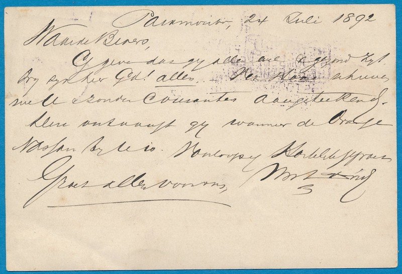 SURINAME briefkaart 1892 Paramaribo naar Amsterdam