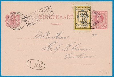 SURINAME briefkaart 1893 Paramaribo naar Amsterdam