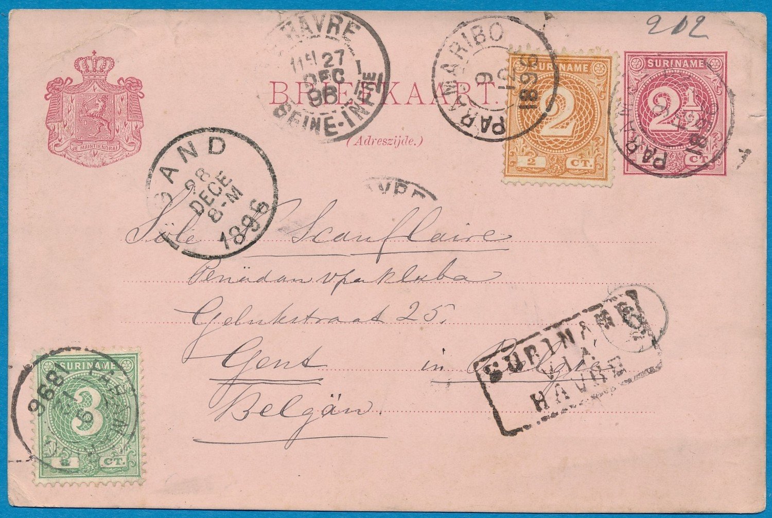 SURINAME briefkaart 1896 Paramaribo naar België