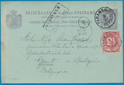SURINAME briefkaart 1897 Paramaribo naar België