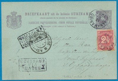 SURINAME briefkaart 1895 Paramaribo naar Den Haag