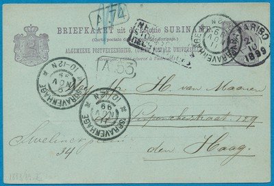 SURINAME briefkaart 1899 Paramaribo naar Den Haag