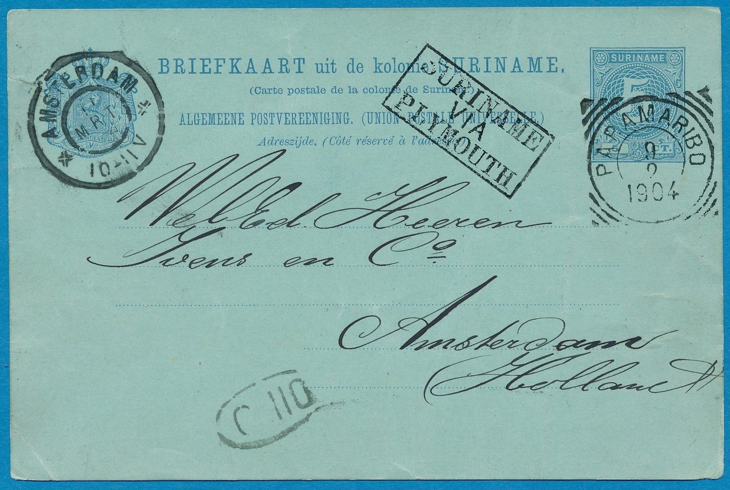 SURINAME briefkaart 1904 Paramaribo naar Amsterdam
