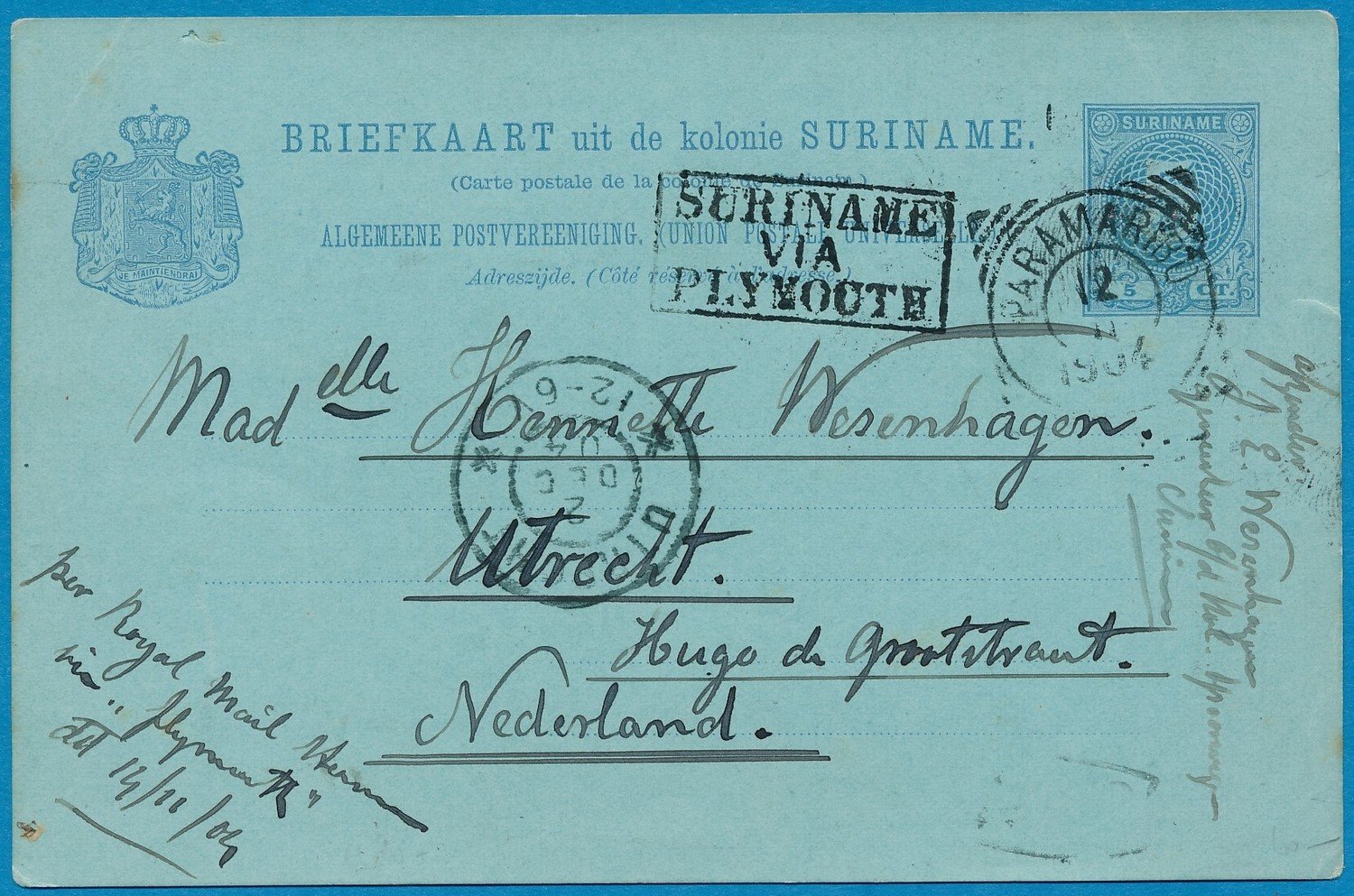 SURINAME briefkaart 1904 Villa Sabaku naar Nederland